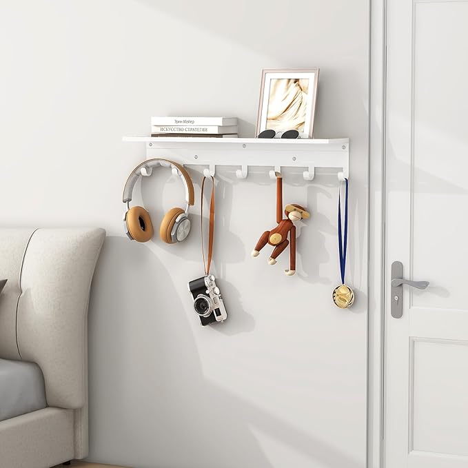 Shelf with 7 Hooks, 23 Inch Entryway Coat Rack Wall Mounted, Metal Coat Hanger with Shelf Storage Clothes, Bags, Purse for Living Room, Balcony, Closet, White