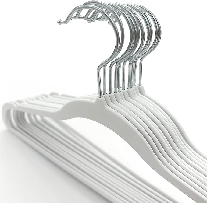 10 Pack Anti-Slip Rubber Coated Hangers, Space Saving, Durable, Gentle, Clothes, White Hangers for Closet, Non-Slip, Heavy Duty, Velvet, Coats, Pants, Wardrobe Essentials, Holiday