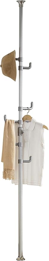 PRINCE HANGER Vertical One-Touch Pole Coat Rack — 6 Independent Rotating Hooks (Silver)