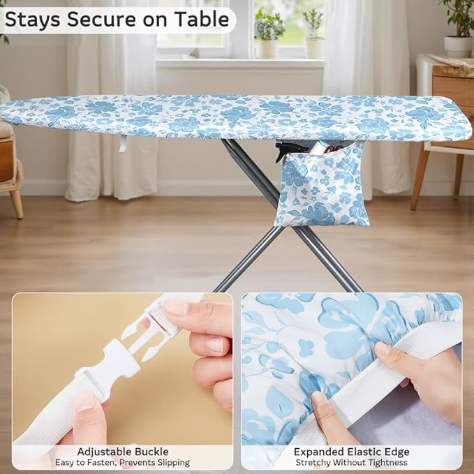 FIOBEE Ironing Board Cover and Pad Extra Thick Iron Board Pad with Heat-Resistant Mesh Padded Iron Board Covers Adjustable Buckle & Elastic Edges for 15x54 Standard Size Ironing Board, Light Blue