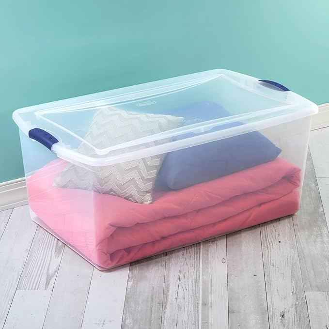 105 Qt. Latch Box Plastic Storage Bin Tote Organizing Container With Durable Lid, Stackable and Nestable Snap Lid Plastic Storage Bin, 1 Pack, Clear With Blue Buckle