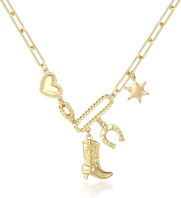 Chunky Gold Necklace for Women Gold Evil Eye Cowboy Pendant Necklace Dainty Paperclip Chain Vintage Luck Amulet Choker Necklaces Celestial Jewelry Gift