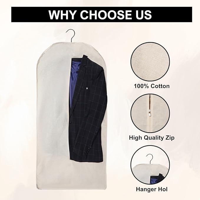 Beige Cotton Garment Bags 24 x 42 Inches with Zipper - Dust Proof Closet Organizer, Easy Storage Travel Bag, Garment Protector for Dress, Suit, and closet storage