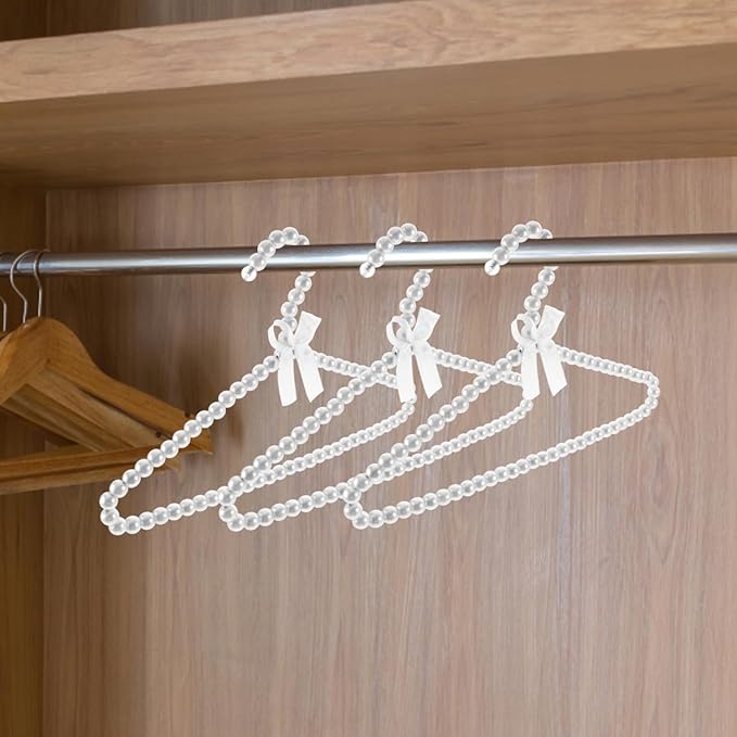 Angoily 2 Pcs Pearl Clothes Hangers, White Mini Pearl Beaded Clothes Hanger with Ribbon, Small Cute Metal Coat Non Slip Wedding Dress Closet Organizer Kids Baby Children Toddler Pet Dog Cat Display