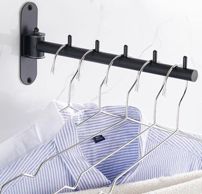Folding Wall Mounted Clothes Hanger Rack with Swing Arm, Foldable 180°Rotation, Stainless Steel 304 Folding Clothes Hanger Drying Rack Rod, for Laundry Room Valet Hook (Black)