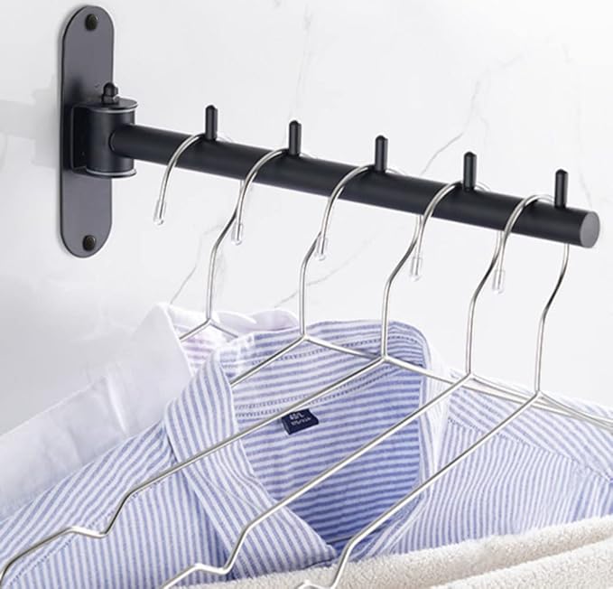 Stainless Steel Swing Arm Hanger, Folding Wall Mounted Clothes Hanger for Laundry Room, Space Saving Clothes Hooks Holder for Drying Rack, 2 Pack (Black)