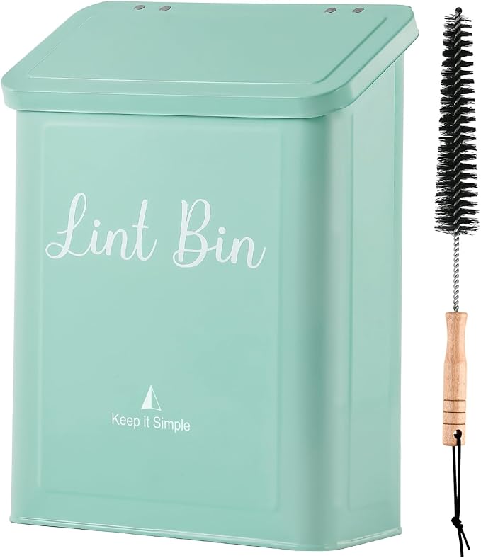 SUBEKYU Metal Magnetic Lint Bin for Laundry Room, Wall Mounted Lint Box Holder with Lid for Dryer, Light Green