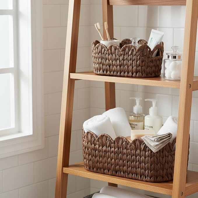 Wicker Scalloped Basket Set of 2,Woven Storage Baskets for Shelves,Closet,Laundry,Gift,Towels,Books,Toys,Waterproof Cute Decor Basket for Organizing,Brown