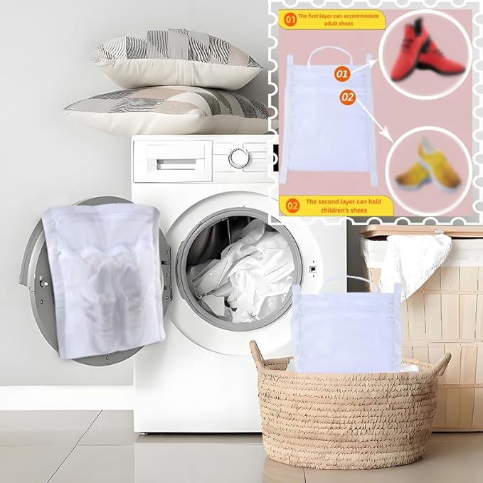 Sneaker Wash & Dry Net Bag for Dryer, Reused Laundry Bag, 15.7x13.8 Inch Large HoneyComber Mesh Bags with Zipper and Strap for Shoes, Clothing (1pcs Double Layer)