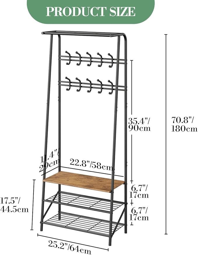 4-in-1 Entryway Organizer with 10 Double Row Hooks, Coat Rack and Shoe Storage Bench, Sturdy Metal Frame, Space-Saving Design for Living Room or Foyer, Rustic, 25.2" D x 11.4" W x 70" H