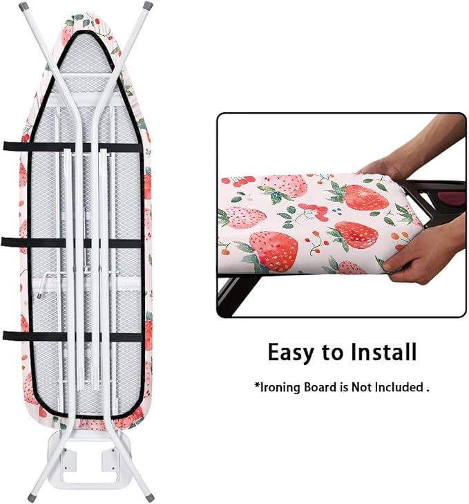 Strawberry Iron Board Cover Non Stick Scorch Easy-Fit Ironing Board Cover Standard Size with Elastic Edge and Hook & Loop Fastener Strap