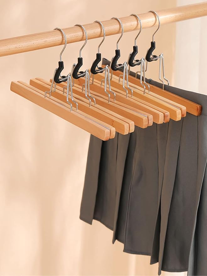 Tosnail 12 Pack Wooden Skirt Pants Clothes Hangers with 360° Swivel Hook, Non Slip Slack Hanger, Jeans Hangers, Trouser Hanger, Wrinkle Free Clamp Closet Organizer