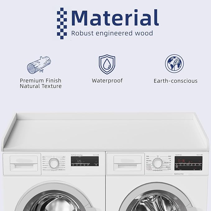 Washer Dryer Countertop, 54" Width x 27.5" Depth Laundry Countertop Organization, Wooden Washer and Dryer Topper for Folding, Sorting & Ironing, Easy to Install, White