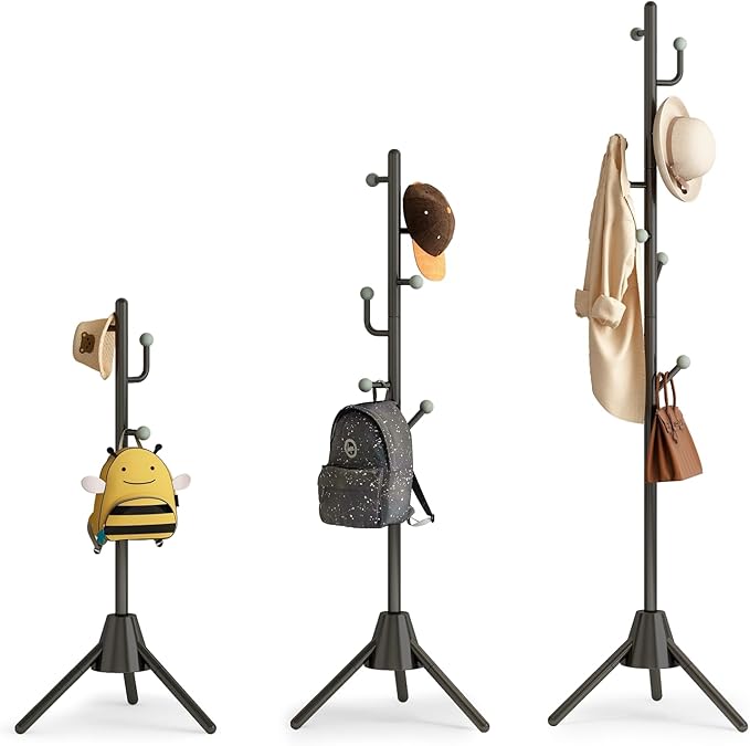Anti-Tip Coat Rack with 8LB Weighted Base, Heavy Duty Metal Coat Rack Freestanding with 8 Hooks, 3 Adjustable Height Sturdy Clothes Rack Space Saving Organizer Stand for Entryway, Bedroom, Office