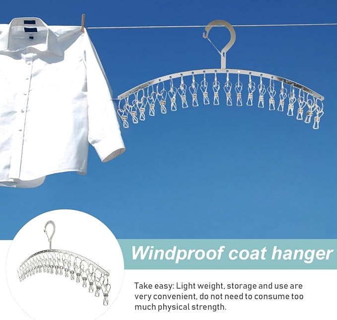PRETYZOOM 2 Pack Laundry Drying Rack with 20 Clips, Stainless Steel Clothes Hanger, Windproof Drying Rack for Socks, Underwear, Scarves, Diapers