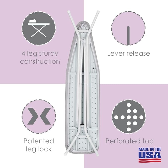 Full Size Ironing Board Made in USA – Light Grey by Seymour Home Products 4 Heavy-Duty Steel Legs Perforated Top for Steam Includes Cover & Pad Sturdy, Foldable Iron Board for Home & Laundry