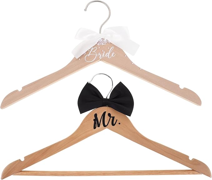 ABOOFAN Bride and Groom Hangers Set 2Pcs Wooden Wedding Dress Hanger with Bow Tie for Tuxedo Suit Bridal Party Shower Keepsake