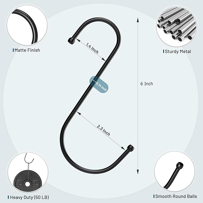 RELBRO Large S Hooks, 6 Inch Metal Hanging Plants Hooks, Reversible, Heavy Duty, Black, 12 Pcs