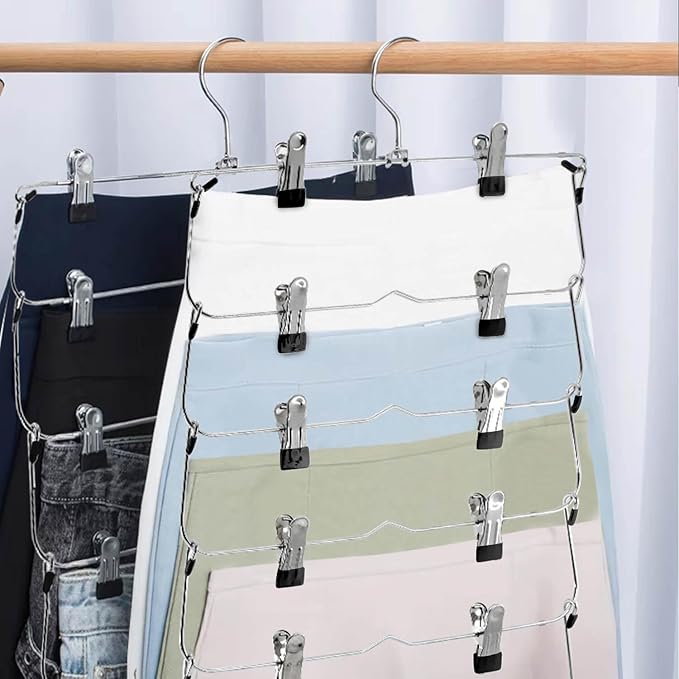 Skirt Pants Hangers with Clips，6Tier Skirt Hangers Space Saving,Metal,Non Slip Closet Organizer and Storage Multi Clothes Shorts Hanger Organization (4, Black)