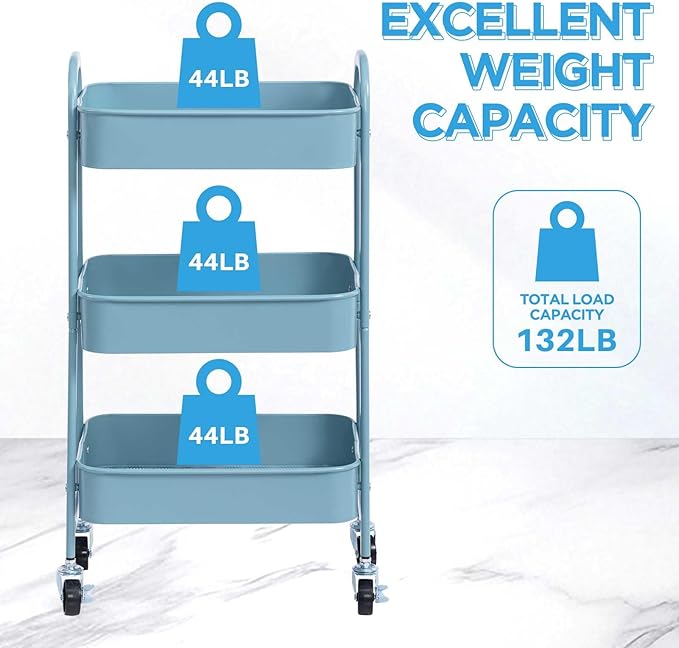 AGTEK 3 Tier Utility Rolling Cart with Lockable Wheels, Metal Multifunctional Storage, Organizer Cart for Kitchen, Office, Living Room, Makeup, Craft, Art Studio, Light Blue
