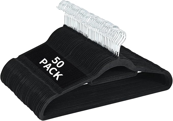 50 Pack Slim Non-Slip Velvet Hangers, Heavy Duty Space Saving Felt Coat Hangers with 360° Rotating Silver Hook (Black)