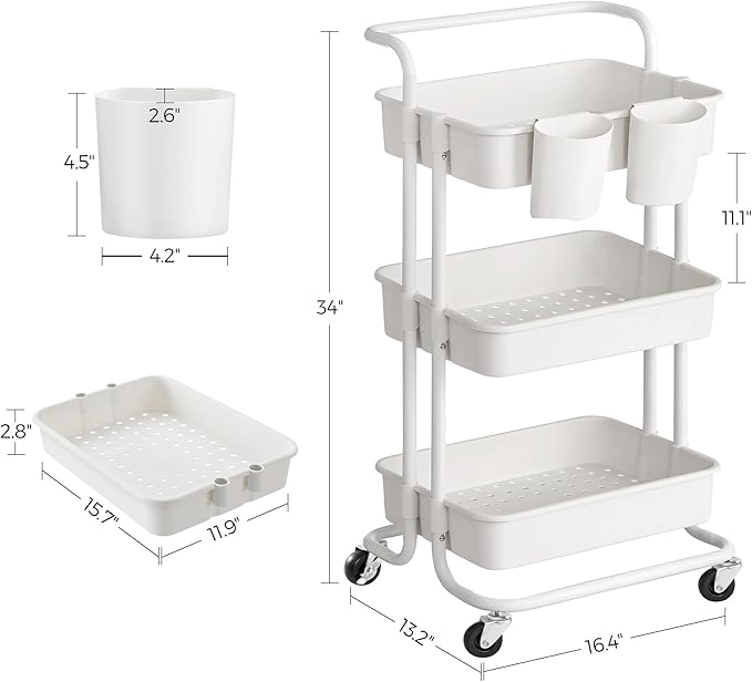 SONGMICS Rolling Cart, 3-Tier Storage Cart, Storage Trolley with Handle 2 Small Organizers, Steel Frame, Plastic Baskets, Utility Cart, Easy Assembly, for Bathroom Laundry Room, White UBSC067W01