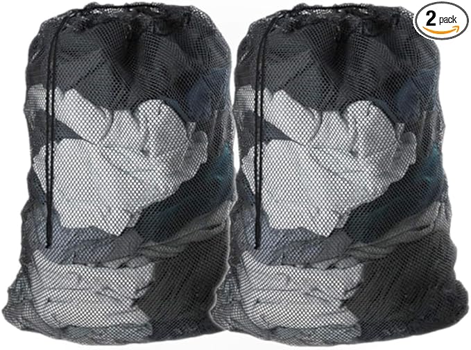 2 Pack Heavy Duty Mesh Laundry Bags - 24 x 36 Inches Large Drawstring Laundry Bag for College, Dorm, Travel, Family & Apartment Dwellers, Black