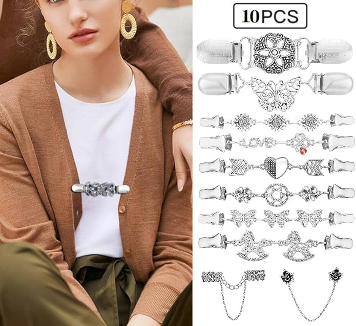Vintage Sweater Clips Shawl Dresses Shirt Clips Retro Cardigan Collar Chain Clips Brooch Pins for Women