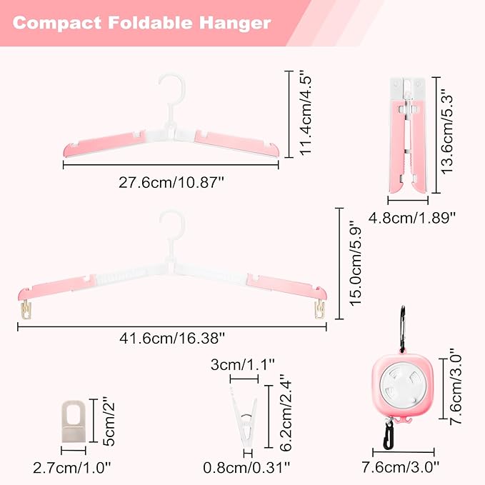 6 Pack Fodable Travel Hangers with Clips & Adjustable Clothesline, Portable Collapsible Hangers with Storage Bag for Suitcase, Hotel, RV, Cruise Essentials Set (Pink)