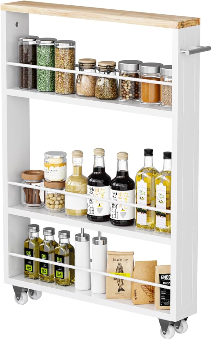 KLM 4 Tier White Slim Storage Cart with Handle, Slide Out Storage Rolling Utility Cart for Kitchen, Laundry, Narrow Places