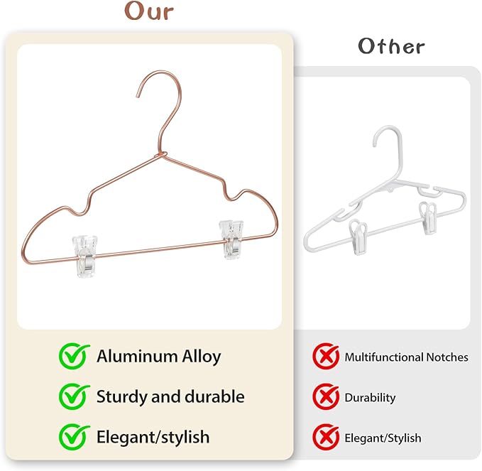 VWV Aluminum Clothes Hangers - with Adjustable Clips, 12.6 inches Long, 6.89 inches high, Suitable for Children's and Baby Clothes, 20-Pack in Rose Gold.