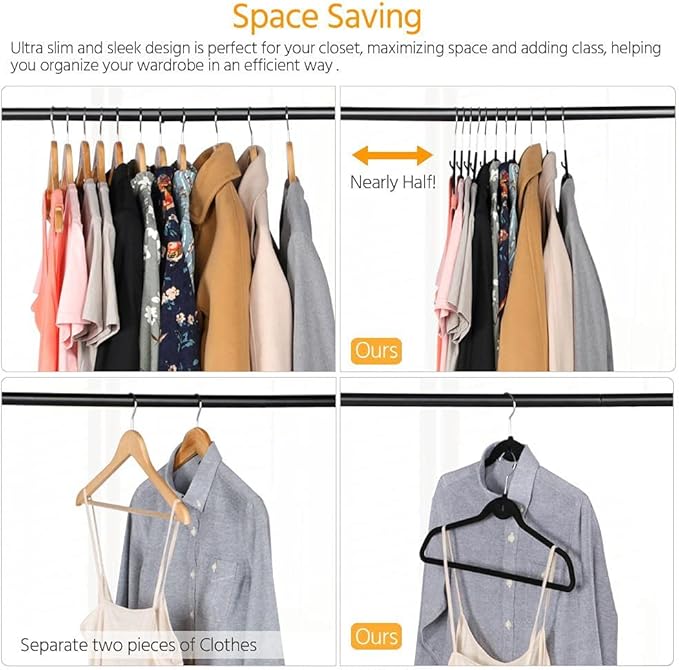 Yaheetech 100 Pack Non Slip Cascading Velvet Hangers - Standard Hangers Felt Suit Clothes Hangers Space Saving 360° Swivel Hook Black