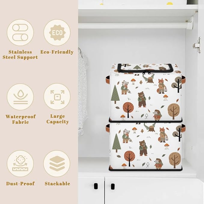 Wolf Bear Hedgehog Storage Baskets - Cute Animal Plants Bin Collapsible Organizer Cube with Zipper Lid, Mushroom Leaves Tree Box with Handles for Home Bedroom Office, 24L