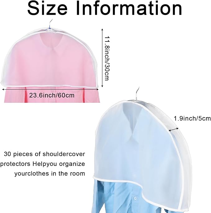 30PCS Garment Covers For Hanging Clothes, Shoulder Covers For Closet Storage, Breathable Dust Covers For Suits, Coats, Jackets, Translucent PEVA Material, 23.6" X 11.8" X 1.9