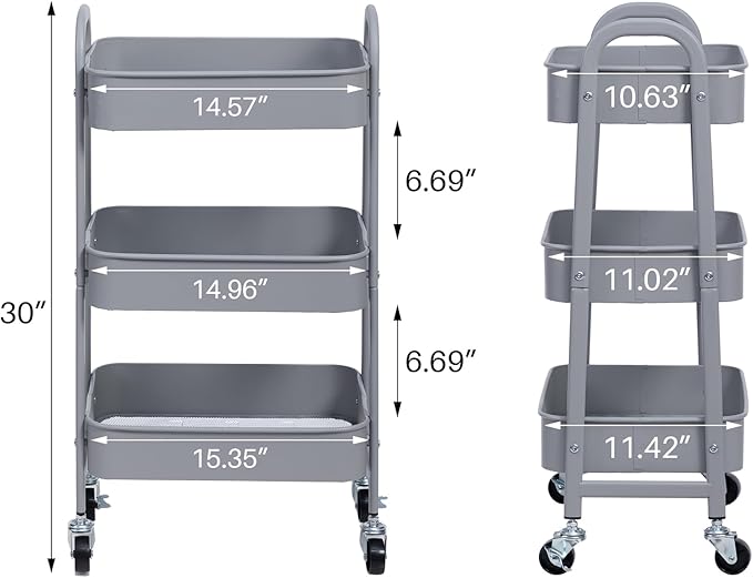 AGTEK 3 Tier Utility Rolling Cart with Lockable Wheels, Metal Multifunctional Storage, Organizer Cart for Kitchen, Office, Living Room, Makeup, Craft, Art Studio, Grey