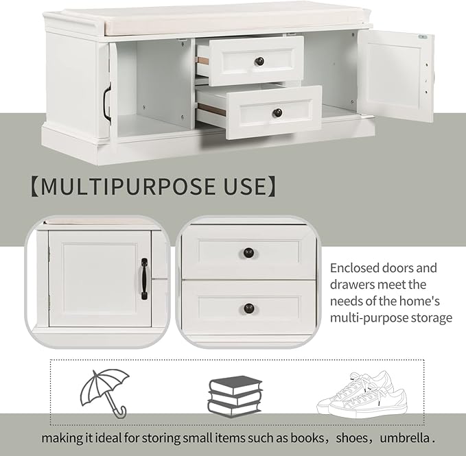 Knocbel 42.5" Entry Storage Bench with Removable Cushion, 2 Drawers and 2 Cabinets, Entryway Hallway Foyer Shoe Bench End of Bed Bench with Aluminum Handles, 200lbs Weight Capacity (White)