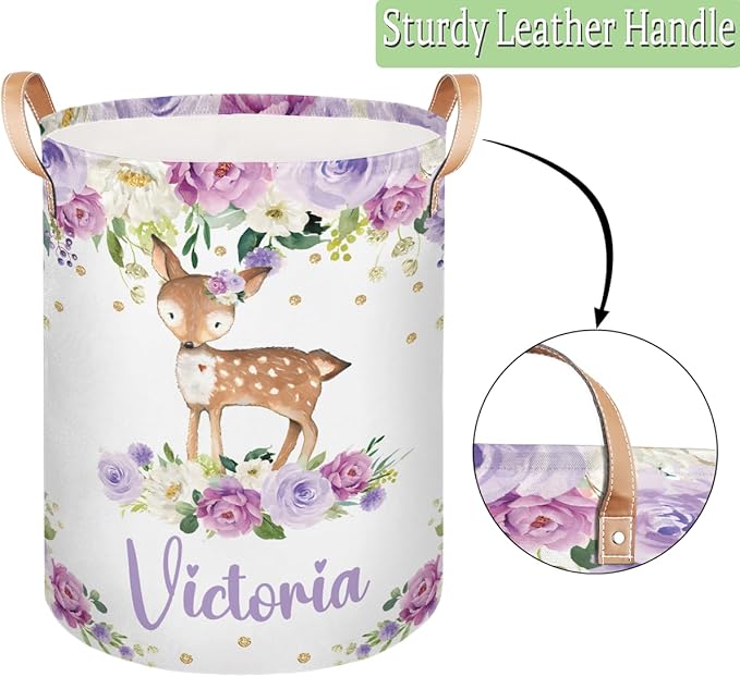Personalized Laundry Basket, Custom Gift Laundry Hamper, Collapsible Nursery Waterproof Laundry Baskets, Dirty Clothes Toy Hamper with Handles Gold Floral Woodland Deer