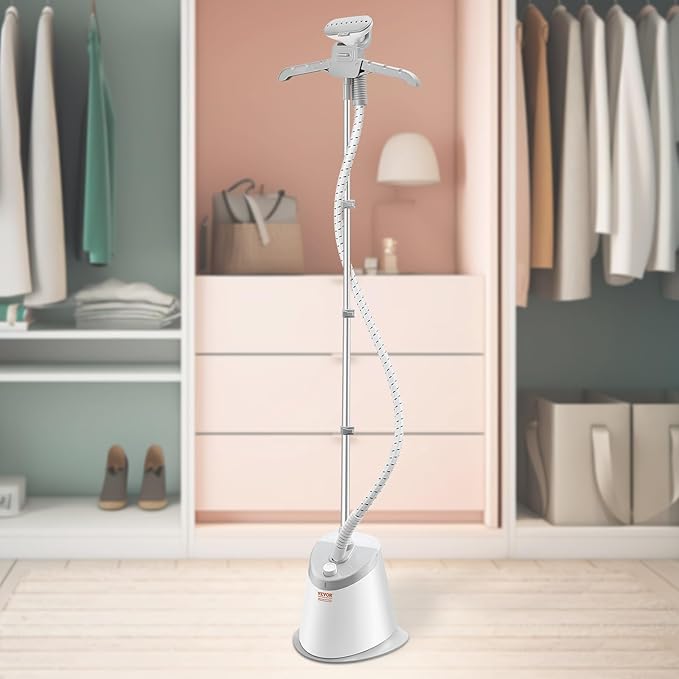 VEVOR Standing Steamer with Foldable Garment Hanger, 1.7L Water Tank for 90 Minutes Continuous Steaming, Heats in 45 Seconds & Auto-Stop with Fabric Brush Aluminum Rod and Easy-roll Wheels