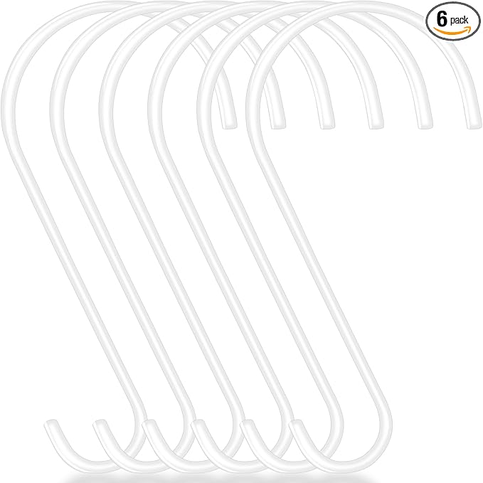 Dreecy 6 Pack 12 Inch White Tree Hooks, Black Industrial S Shaped Steel Hooks, Rust Resistant, 12 Pounds Max Weight, 6 Count, Wall Mount, Outdoor, Garden, Garage