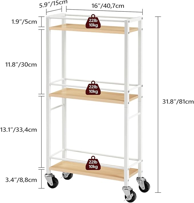 Slim Rolling Cart, Mobile Kitchen Cart on Wheels, Narrow Storage Cart for Small Space, Wooden Kitchen Storage Rack, for Bathroom, Laundry, Living Room, White RCBN1501