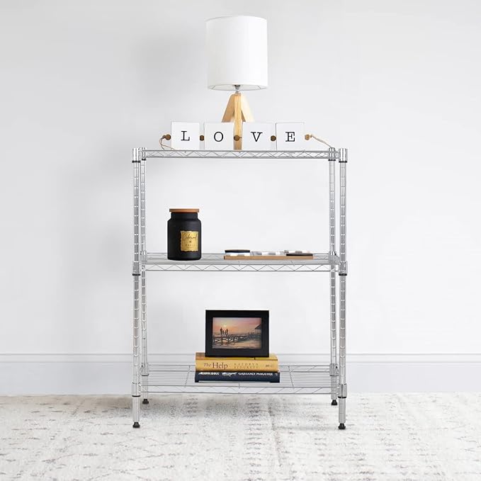 3-Tier Metal Wire Shelving Unit, Heavy Duty Adjustable Storage Rack for Laundry Room, Pantry, Kitchen, Garage Organization and Storage, Small Space Shelves (Chrome, 23"L × 13.2"W × 30.2"H)