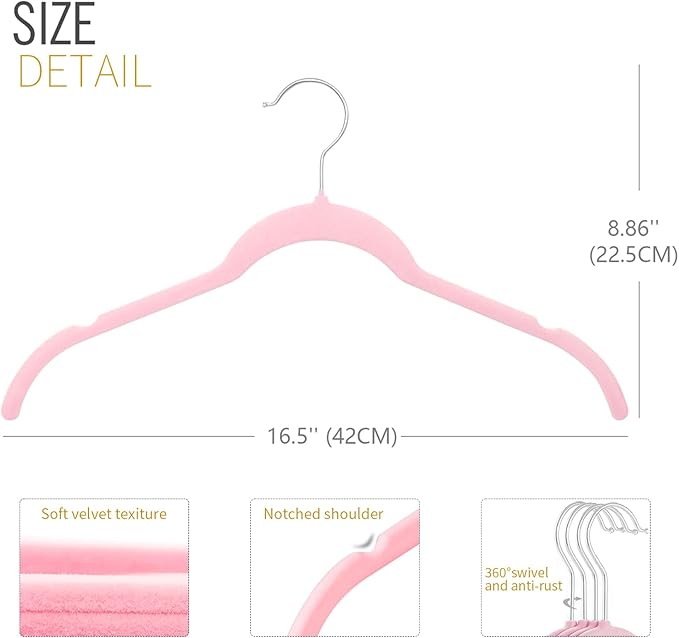 ManGotree 50 Pack Velvet Shirt Hangers for Women, 16.5'' Suit Hangers with 360° Swivel Hook, Non-Slip Coat Clothes Hangers for Tank Top, Shirts, Dress, Blouses, Strappy Dresses (Pink)