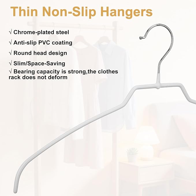 Kathfly 25 Pcs Ultra Light and Thin Non-Slip Hangers White Space Saving Clothes Hangers No Shoulder Bump for for Shirt Sweater Camisole Jacket Dress Coat