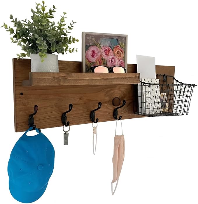 Entryway Mail Organizer with Key Hooks, Coat Hooks, Industrial Mail Basket Wall Mounted