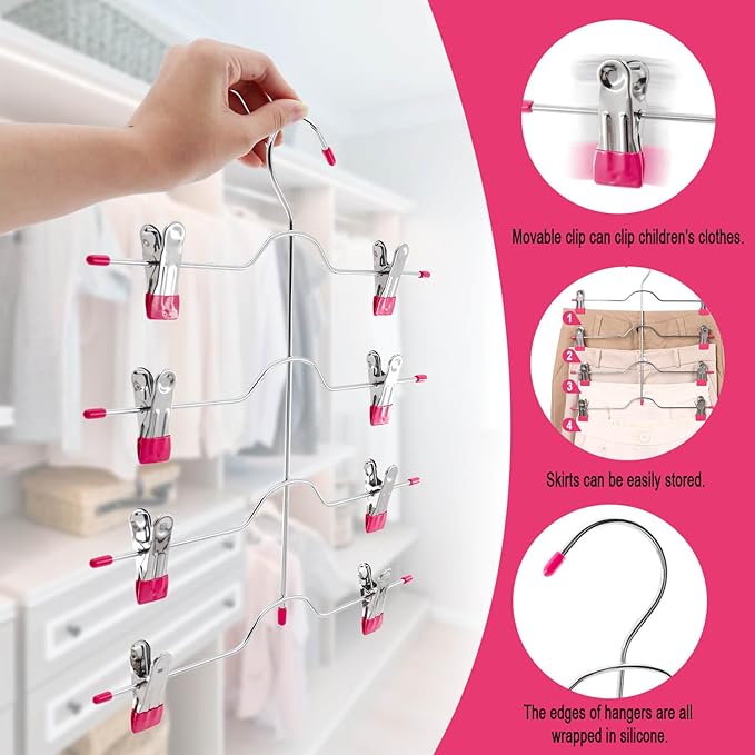 4 Tier Skirt Hangers Space Saving,Metal,Non Slip Closet Organizer and Storage Multi Clothes Shorts Hanger Organization Dorm Room Essentials(Pink 3Pack)