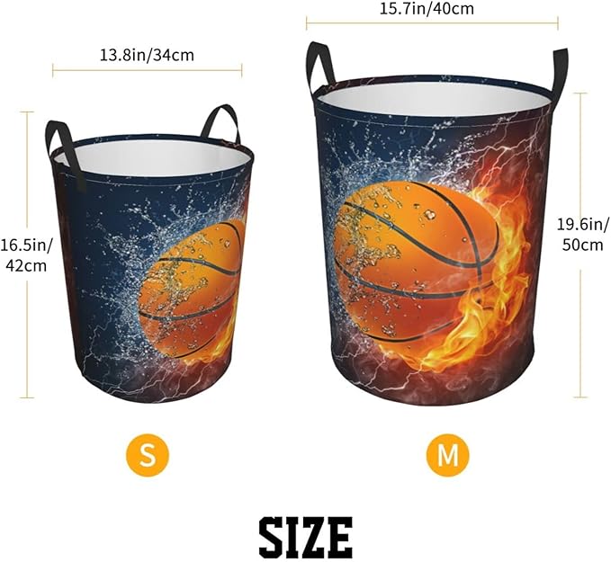 Dujiea Basketball Ball in Fire and Water Laundry Basket Round with Handle, Collapsible Foldable Canvas Storage Bin Dirty Clothes Bag for Laundry/Toys Organizer/College Dorm/Nursery/Decor(2 Sizes)