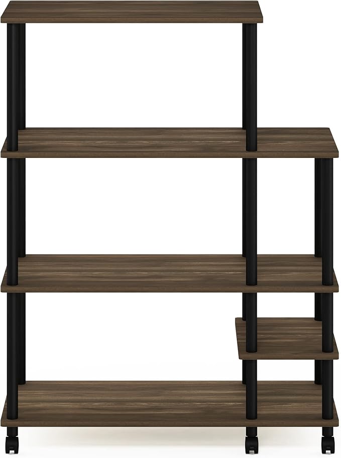 Furinno Turn-N-Tube Bakers Rack with Wheels, 4-Tier Kitchen Storage Cart, Kitchen Cart, Coffee Bar, Pantry Organizers and Storage, Brown Walnut