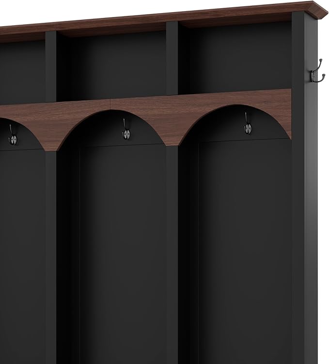Farmhouse 59" Wide Hall Tree with 5 Black Hooks and Arched Design, Wood Grain Bench with Open Compartments, 4-in-1 Hallway Shoe Cabinet for Mudroom, Living Room (Black-9.9)