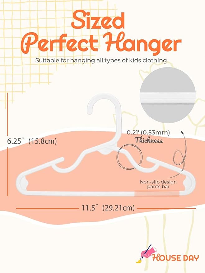 HOUSE DAY Premium Baby Hangers 120 Pack, 11 Inch Kids Plastic Hangers White, Slim Childrens Hanger for Infant, Toddler, Child Clothes, Non-Slip Sturdy and Durable Baby Clothes Hanger for Closet