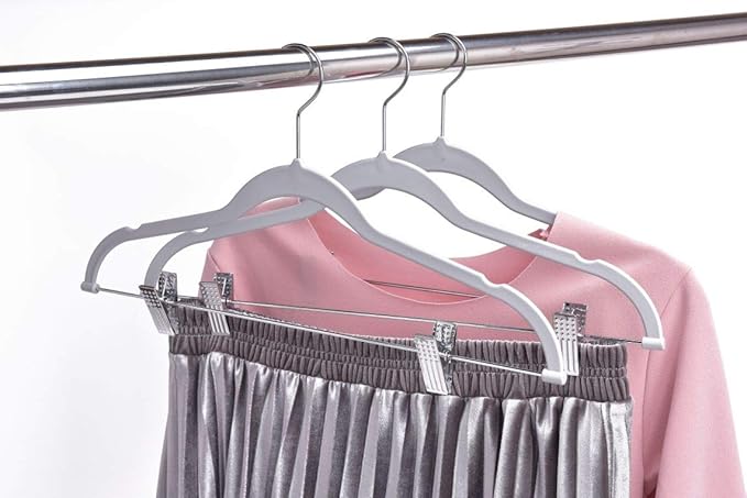 80 Pack Gray Quality Plastic Non Velvet Non-Flocked Thin Compact Coat Hangers with Metal Clips for Skirts Pants Blouses 360° Swivel Hook